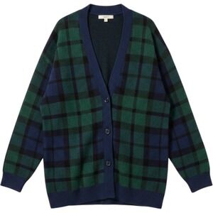 Loft Womens‎ Green Blue Plaid Longline Cardigan Sweater Size Large Button Front